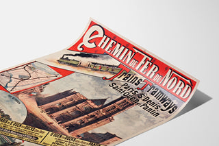Vintage-Plakat Paris, Saint-Denis, Züge & Straßenbahnen, auf einer leicht gewölbten Papierbahn in Perspektive präsentiert.