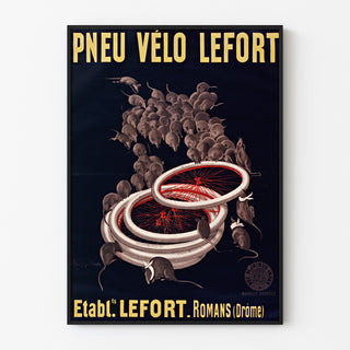 Vintage-Plakat Fahrradreifen Lefort, in einem schmalen Rahmen an einer hellen Wand.