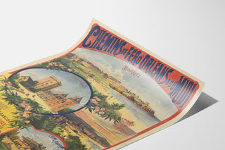 Vintage-Poster Pyrénées et Gascogne, Wintersaison, auf einer gebogenen Bogenfläche präsentiert, perspektivische Ansicht.