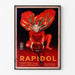 Vintage-Poster Rapidol, in einem schmalen Rahmen an einer hellen Wand präsentiert.