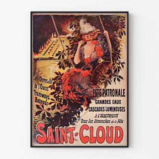 Vintage-Plakat Saint-Cloud, Patronatsfest, in einem dünnen Rahmen an einer hellen Wand.