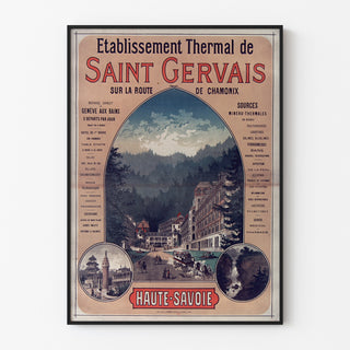 Vintage-Poster Saint-Gervais, Kurort, in einem schmalen Rahmen an einer hellen Wand.