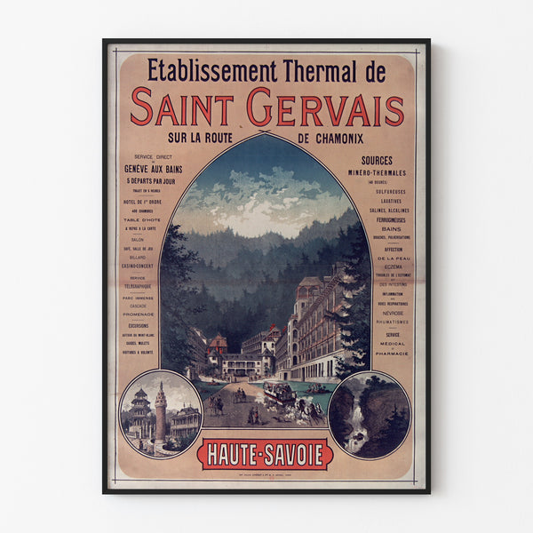 Vintage-Poster Saint-Gervais, Kurort, in einem schmalen Rahmen an einer hellen Wand.