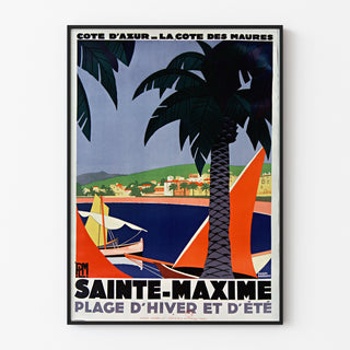 Vintage-Poster Sainte-Maxime, Côte des Maures, in einem schmalen Rahmen an heller Wand präsentiert.