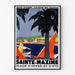 Vintage-Poster Sainte-Maxime, Côte des Maures, in einem schmalen Rahmen an heller Wand präsentiert.