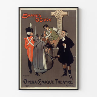 Vintage-Plakat Shamus O’Brien, Opera Comique, in einem schmalen Rahmen an einer hellen Wand präsentiert.