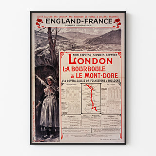 Vintage-Plakat South Eastern, England-France, in einem feinen Rahmen an einer hellen Wand.