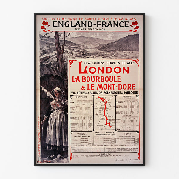 Vintage-Plakat South Eastern, England-France, in einem feinen Rahmen an einer hellen Wand.