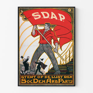 Vintage-Plakat Stemt SDAP, Wahlen, in einem schmalen Rahmen an einer hellen Wand präsentiert.