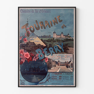 Vintage-Poster Touraine und Berry, Schlösser, in einem feinen Rahmen an einer hellen Wand präsentiert.