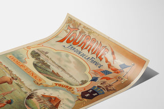 Vintage-Poster Touraine, Garten Frankreichs, auf einer gebogenen Bogenfläche präsentiert, perspektivische Ansicht.