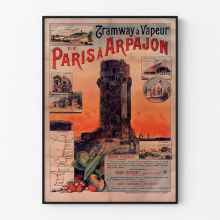 Vintage-Plakat Tramway Paris-Arpajon, in einem dünnen Rahmen an einer hellen Wand.