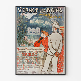 Vintage-Plakat Vernet-les-Bains, Canigou, in einem schmalen Rahmen an einer hellen Wand präsentiert.
