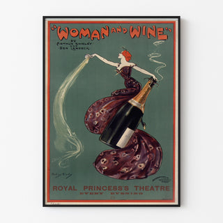Vintage-Plakat Woman and Wine, Princess’s Theatre, in einem schmalen Rahmen an einer hellen Wand präsentiert.