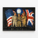 Vintage-Poster amerikanischer, chinesischer und britischer Soldaten mit Flaggen — gerahmtes Bild an der Wand