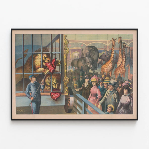 an-animal-keeper-feeding-raw-meat-to-lions-in-a-circus-cage-as-spectators-watch