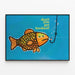 Dekorativer Poster mit buntem Fisch, Aufhängung und Botschaft — gerahmtes Bild an der Wand