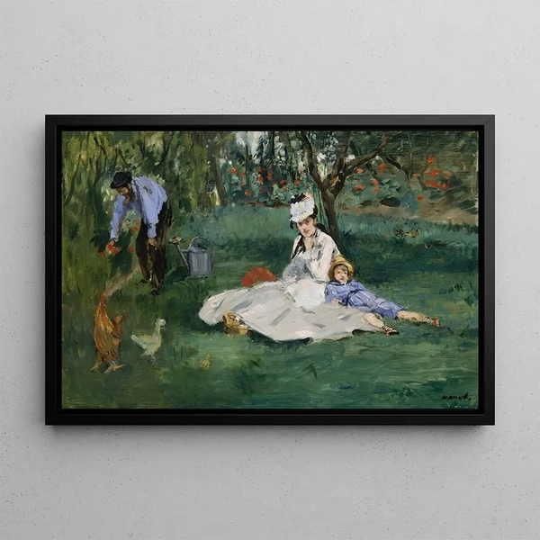 La famille Monet dans leur jardin à Argenteuil - Édouard Manet — gerahmtes Bild an der Wand