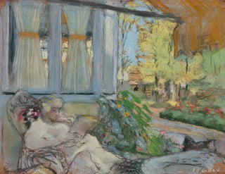 Madame Hessel liest auf der Terrasse des Clos Cézanne - Édouard Vuillard — Ansicht des Kunstwerks