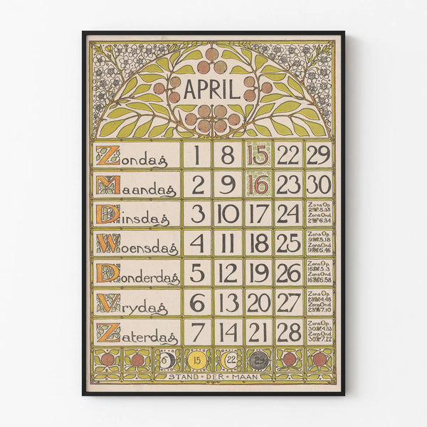 Künstlerischer Kalender-Poster für April 1900 – Vintage-Wanddekoration