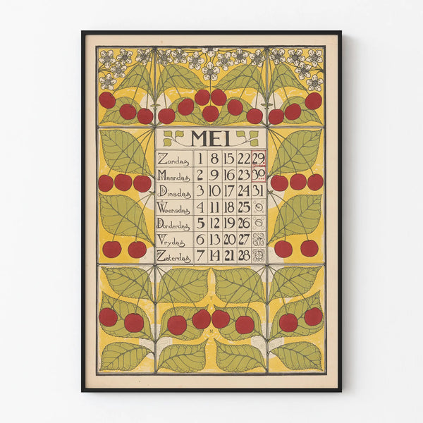 Dekorativer Kalenderposter Mai 1898 mit Kirschen und Blättern