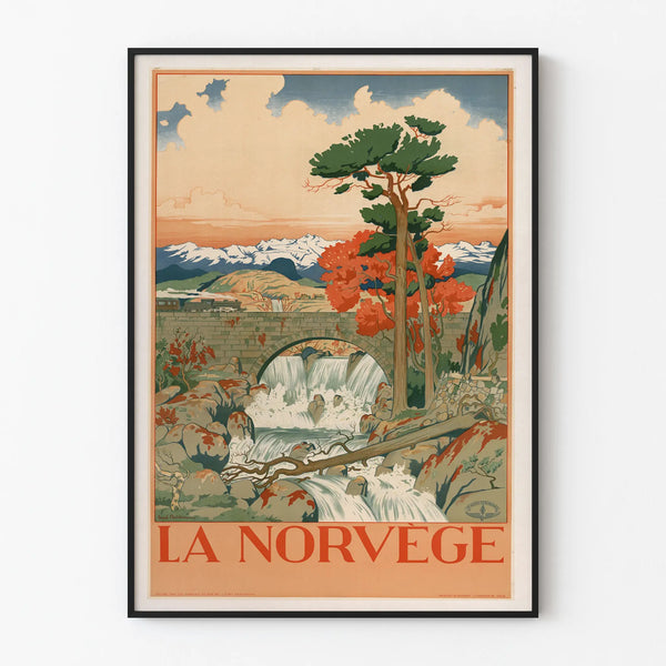 Vintage Wanddekoration Poster Norwegen Wasserfall und Zug