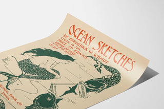 Vintage-Poster Ocean Sketches – Illustration von Meerjungfrau und Fischen