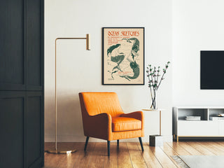 Vintage-Poster Ocean Sketches – Illustration von Meerjungfrau und Fischen
