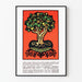 Vintage-Poster mit stilisiertem Baum auf rotem Hintergrund für Wanddekoration