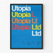 Poster Utopia Ltd - Farbiger typografischer Entwurf auf blauem Hintergrund