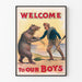 Vintage-Poster Willkommen bei unseren Jungen mit Bär und Soldat – Retro-Wanddekoration