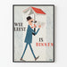 Vintage-Poster Mann liest unter einem Regenschirm in Buchform